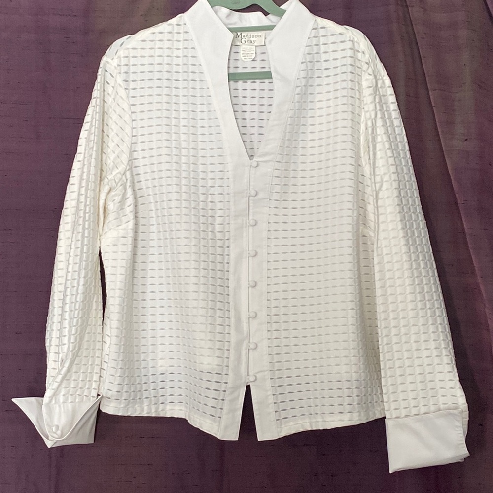 Madison Gray Dressy White  Top w/ French Cuffs and Mesh-lined Slits